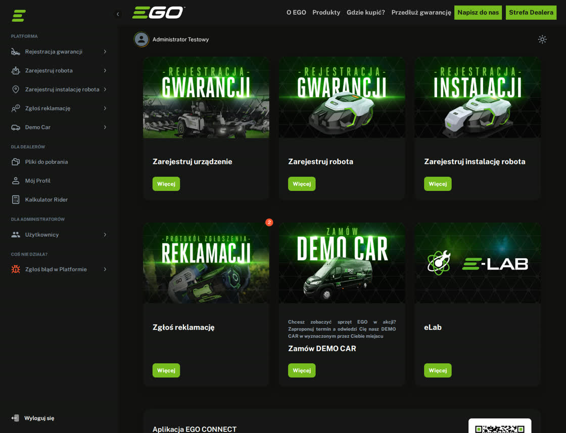 Panel Strefy Dealera EGO — lista kart gwarancyjnych